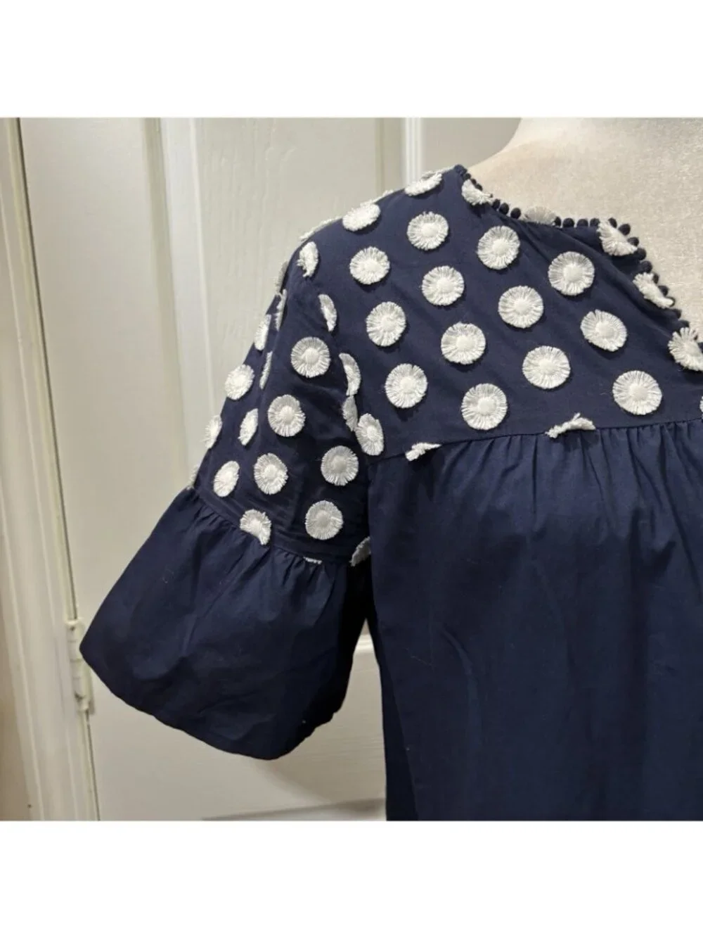 J Crew Bell Sleeve Polkadot Navy Blue Cotton Short Dress Size 6